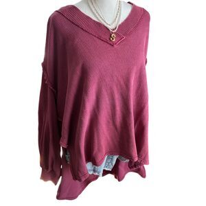 Free People Pink Oversized Waffle Knit V-Neck Sweater Laguna Thermal XL